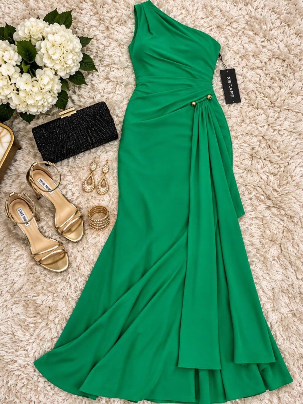XSCAPE Emerald Green One Shoulder Draped Formal Gown Size 10 NWT - Picture 4 of 6